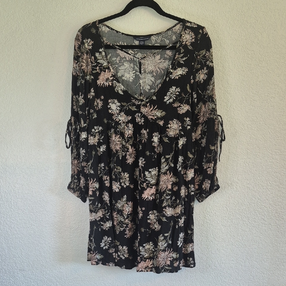American Eagle Outfitters Black Pink Flutter Sleeve Tunic Summer Dress Sz Medium